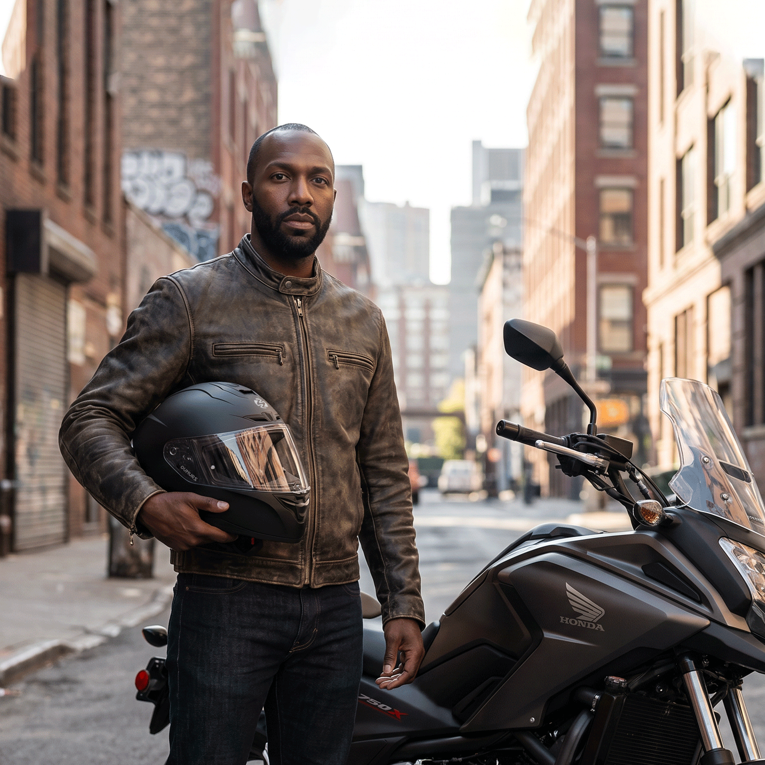 A man wearing a brown leather motorcycle jacket and holding a OUMURS-361S matte black full-faced street helmet stands next to a black Honda motorcycle on a city street.