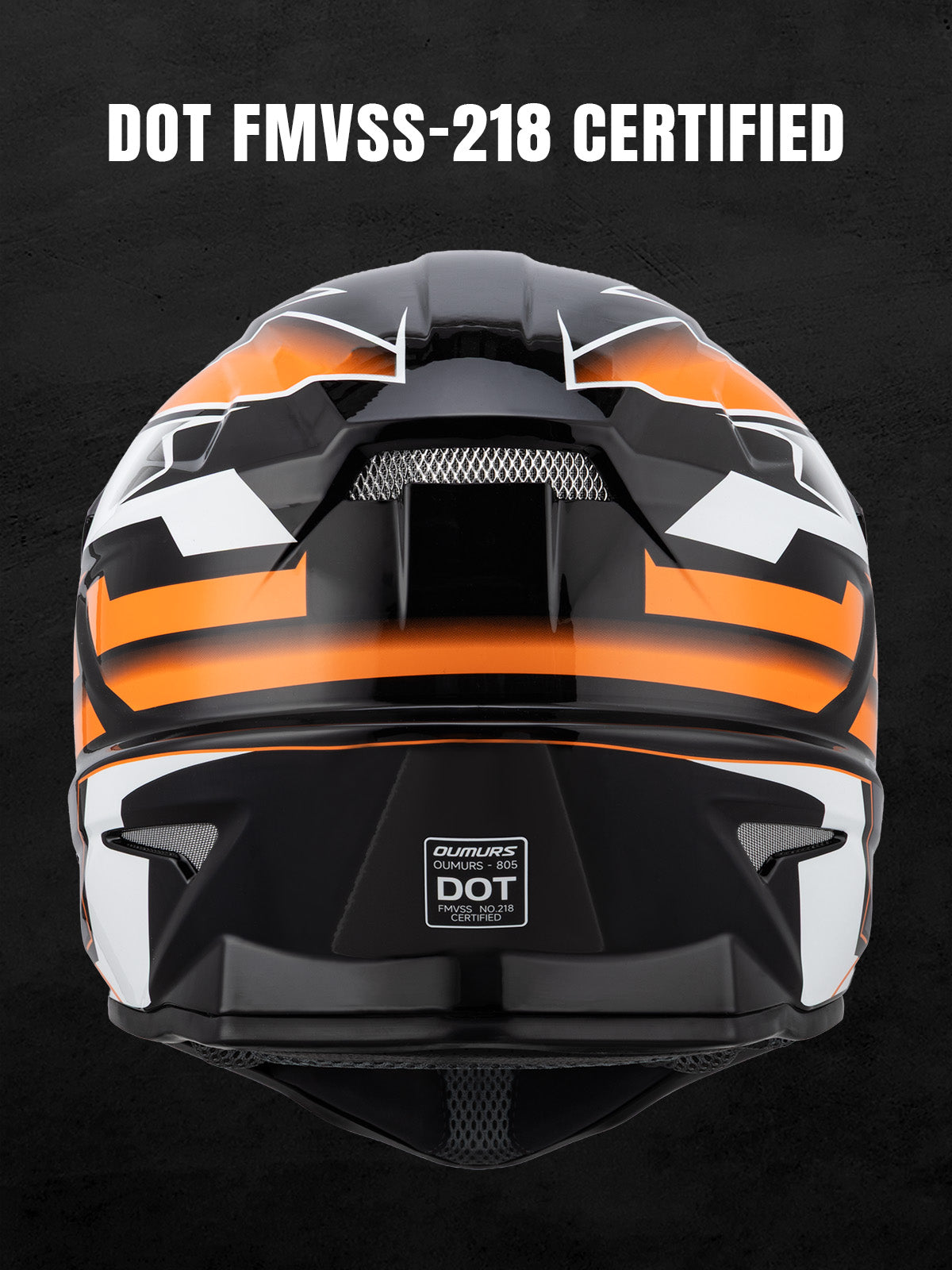 A close-up of a full-face motorcycle helmet shown from the front, featuring a glossy black base with bold orange and white graphic stripes. The text 'DOT FMVSS-218 CERTIFIED' is displayed at the top against a dark textured background.