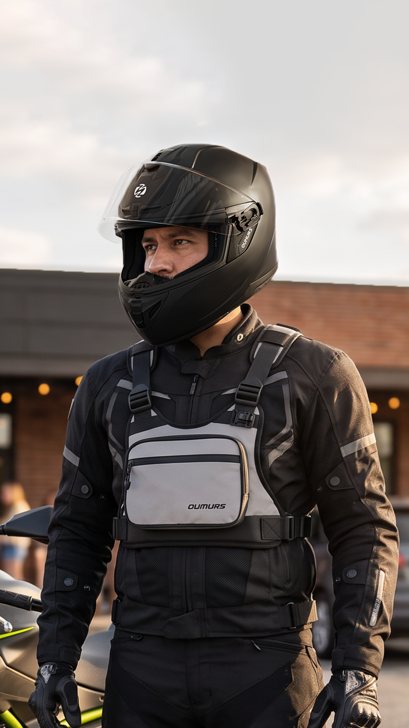A man wearing a black full-face motorcycle helmet, black riding jacket, and a black chest protector with a light gray front pouch. The brand name 'OUMURS' is visible on the pouch.