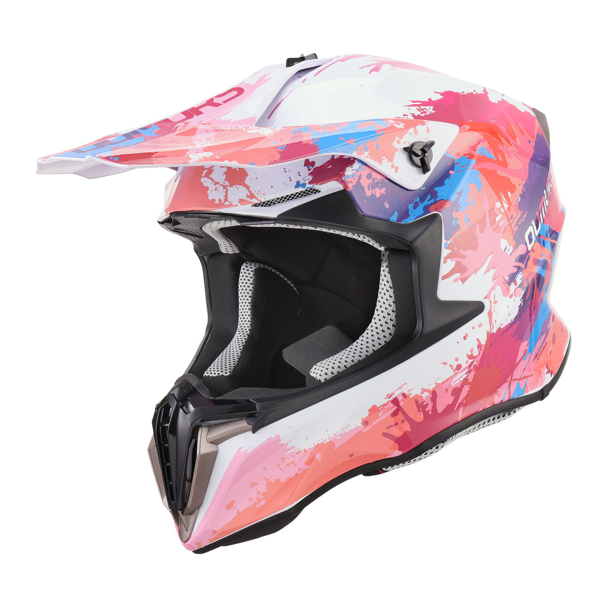 A full-face motocross helmet with a vibrant abstract paint splatter design in pink, blue, purple, and white, featuring a black visor trim and interior padding.