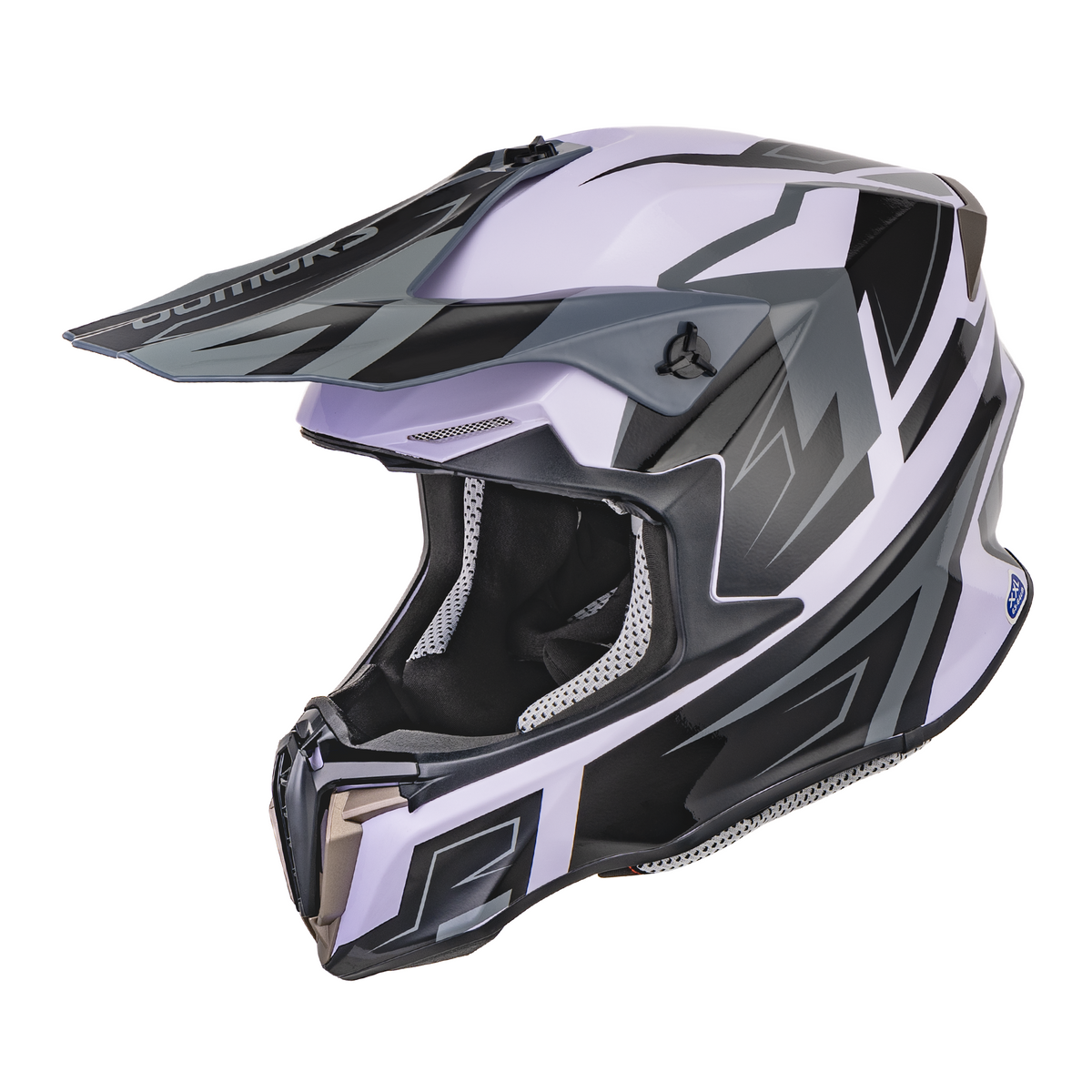 A modern off-road motocross helmet in a black, gray, and light purple/lavender color scheme, shown from a three-quarters angle on a solid white background.