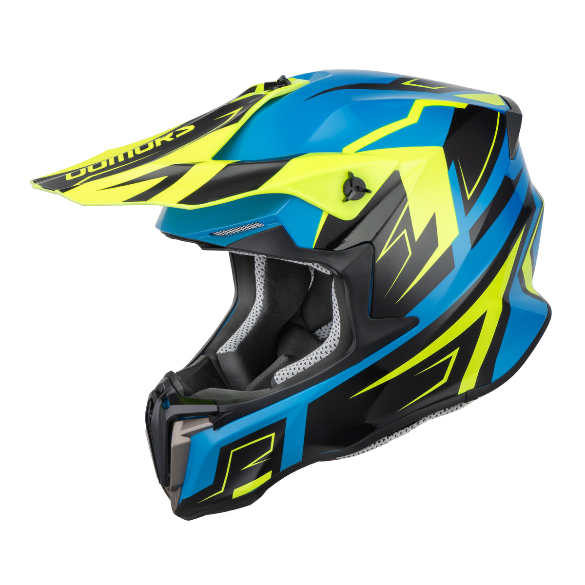 A full-face motocross helmet in blue, black, and neon yellow, shown from a side profile view against a plain white background.