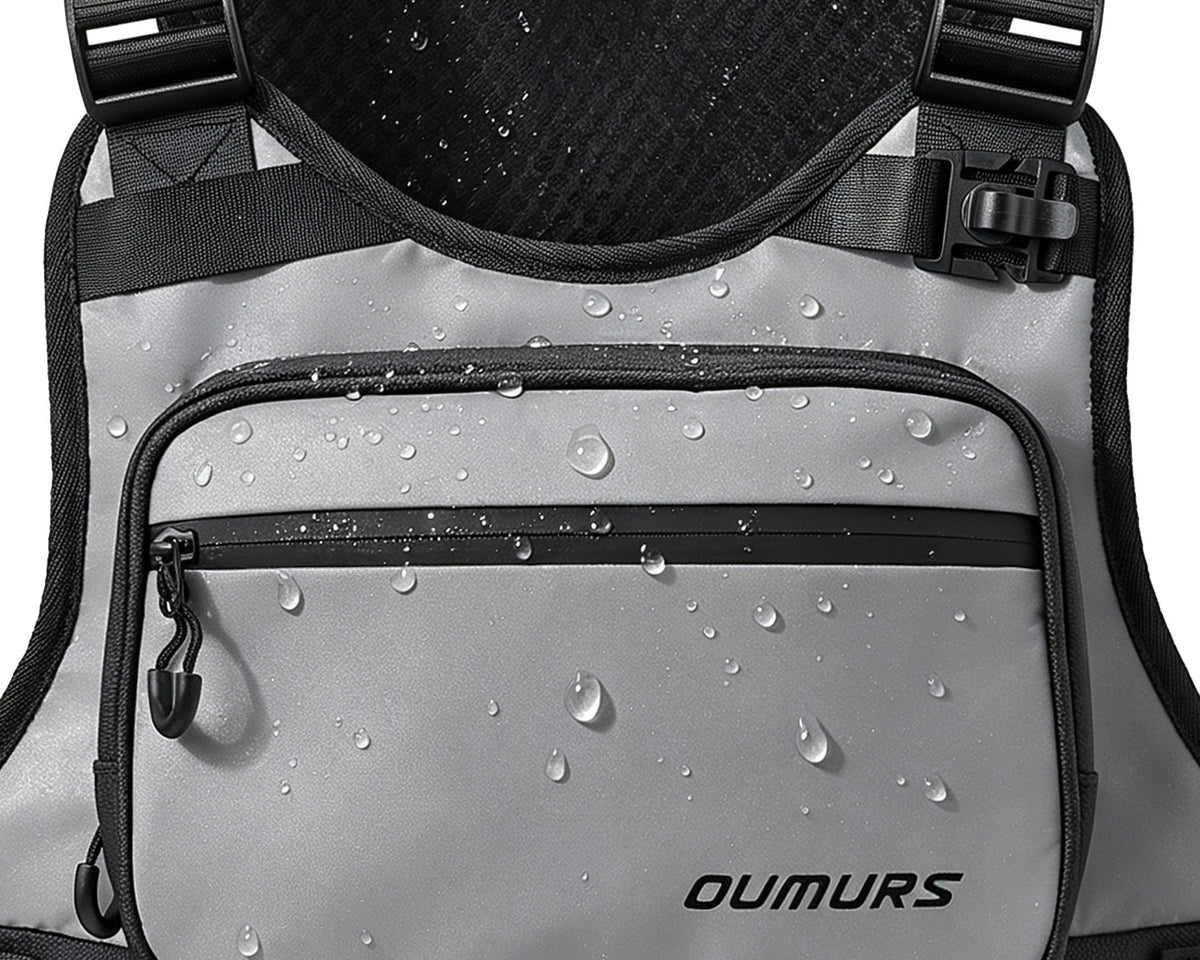 Close-up of a gray and black waterproof backpack with water droplets on the front pocket, showing the OUMURS brand logo.