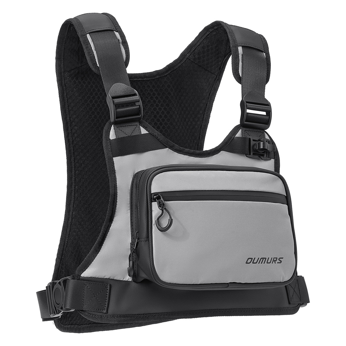 An open black backpack showing its interior organization with a padded compartment holding sunglasses, a card holder, and a small rectangular accessory, plus a keychain with keys resting outside the bag on a white background.