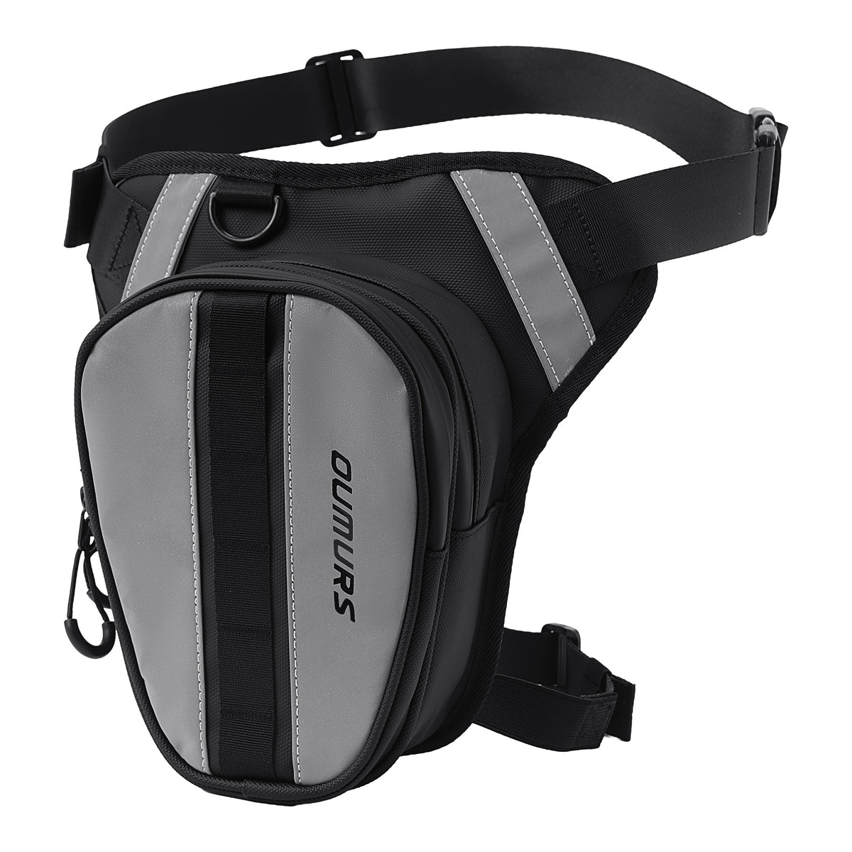 right side view of the Oumurs Reflekta motorcycle leg bag showing the adjustable leg strap and quick-release buckle.