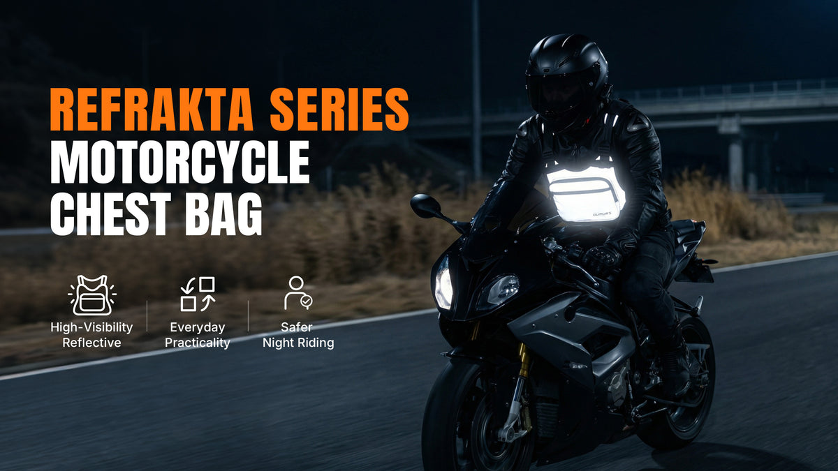 A motorcycle rider wearing a black helmet and jacket rides a dark motorcycle on a road at night. Large text on the left reads 'REFRAKTA SERIES MOTORCYCLE CHEST BAG' with feature icons below, and the rider's chest is illuminated by a bright reflective light.