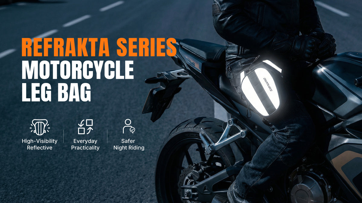 Motorcyclist wearing an Oumurs reflective leg bag at night, with text highlighting visibility and everyday practicality.