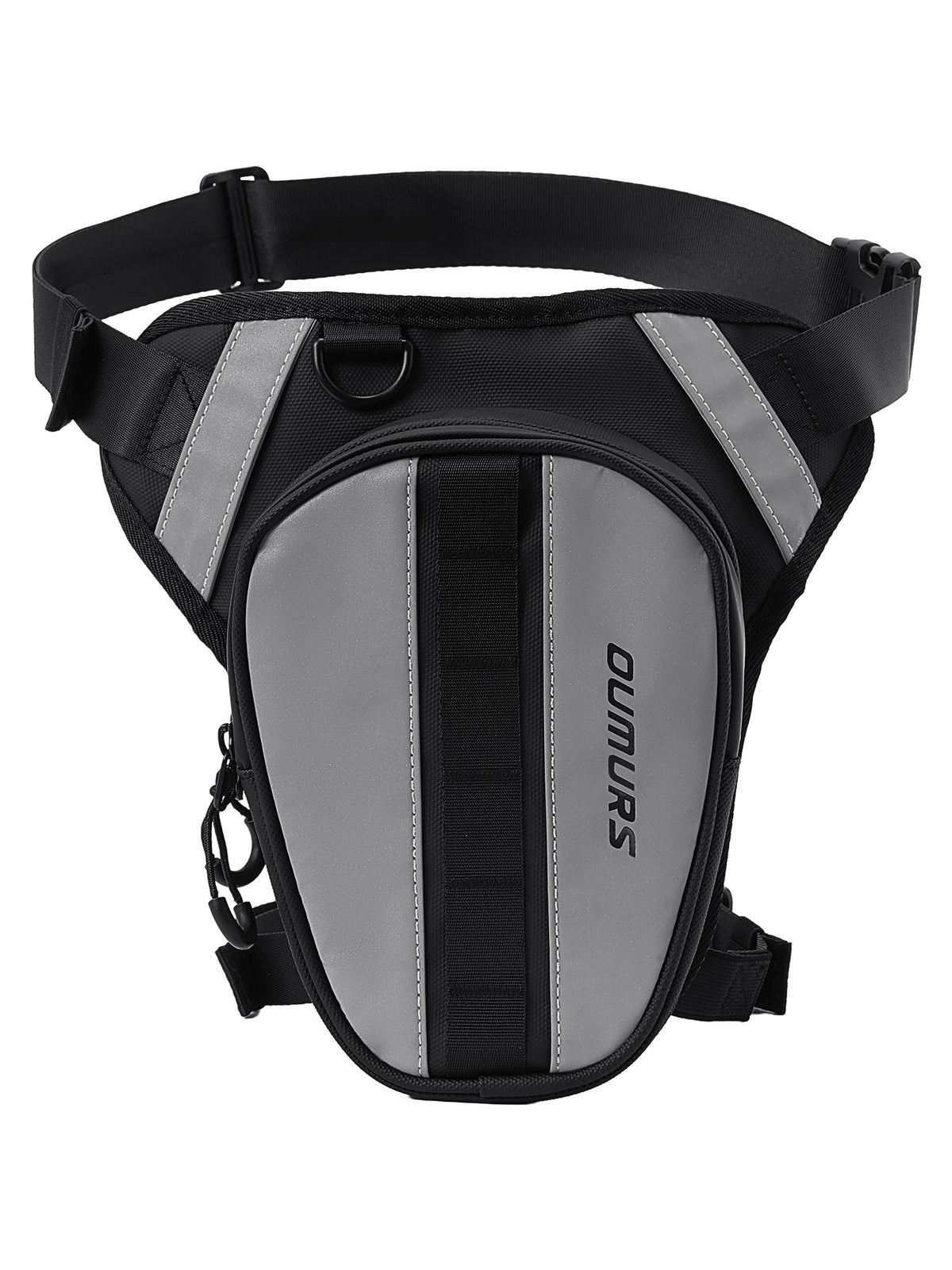 A black and gray bicycle waist bag with reflective silver stripes and a vertical black logo reading 'OUMURS' on the front pocket, shown against a plain white background.