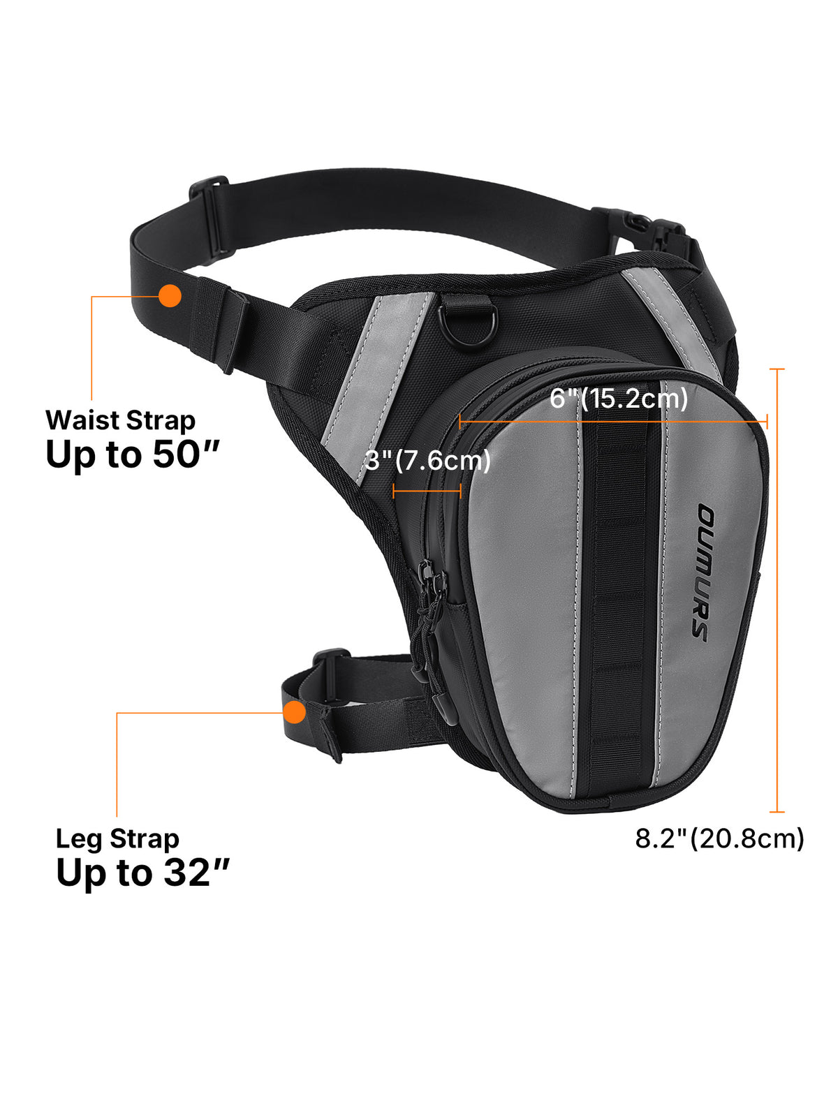 Black and gray motorcycle leg bag with reflective striping, shown with measurement callouts for the waist strap, leg strap, and bag dimensions on a white background.
