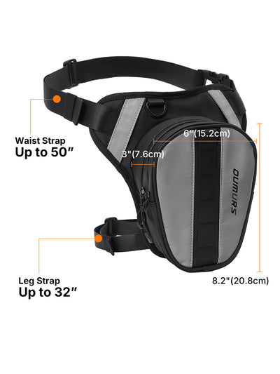 Black and gray motorcycle leg bag with reflective striping, shown with measurement callouts for the waist strap, leg strap, and bag dimensions on a white background.