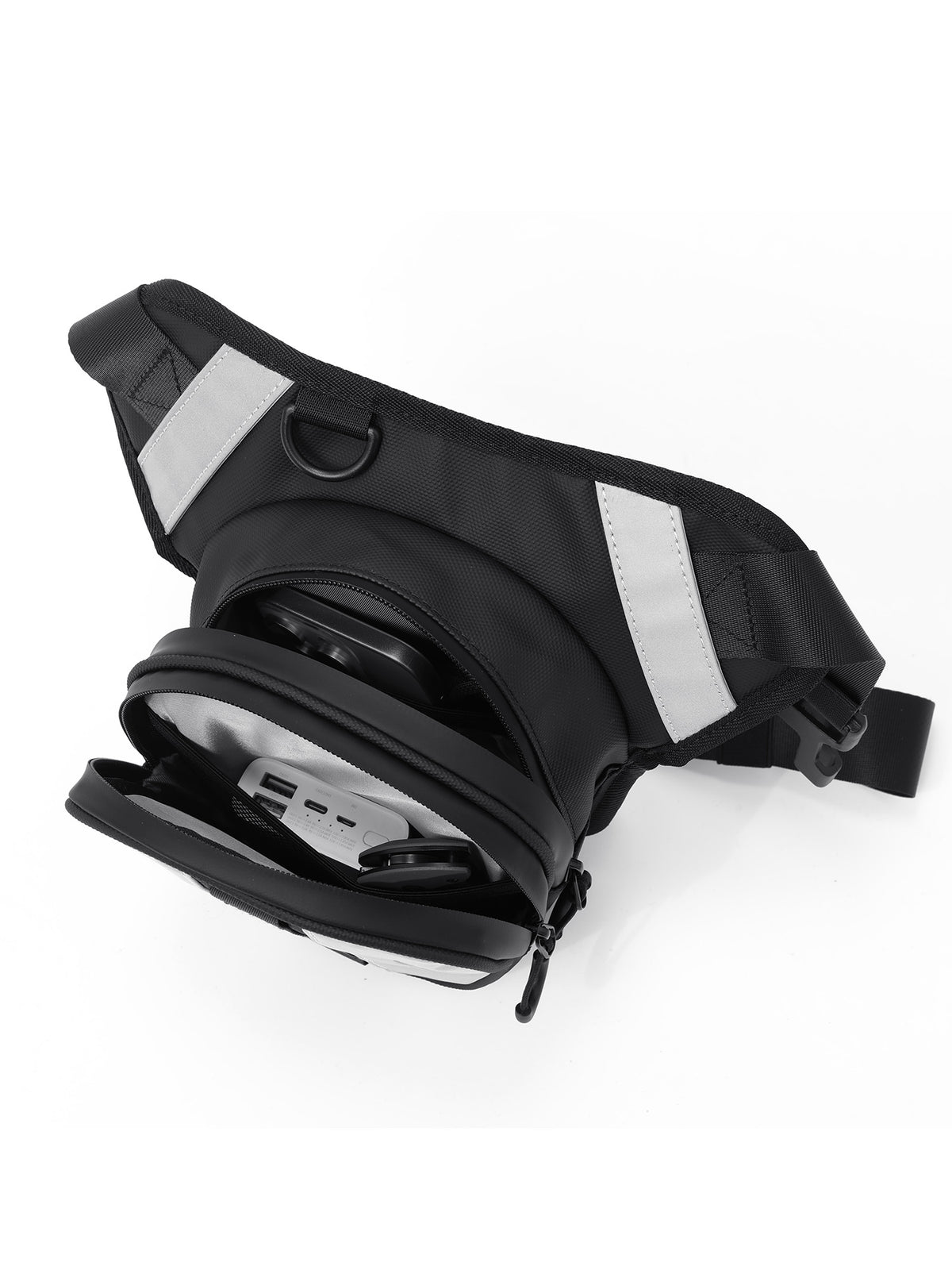 motorcycle leg bag with reflective silver stripes, shown open to display its interior storage compartment and zipper details, on a white background.
