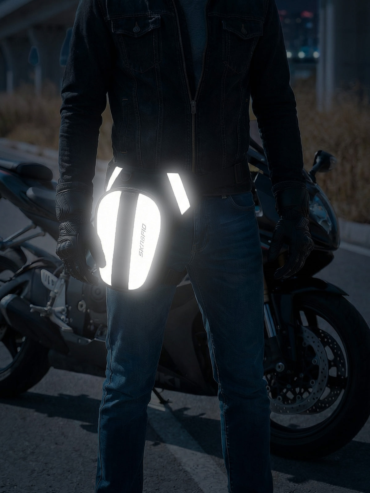A person wearing a black leather jacket and jeans stands next to a motorcycle at night, wearing a highly visible Oumurs Motorcycle_leg_bag. The vest features a bold black and white graphic design with the brand name 'BELLRO' printed vertically on the side.