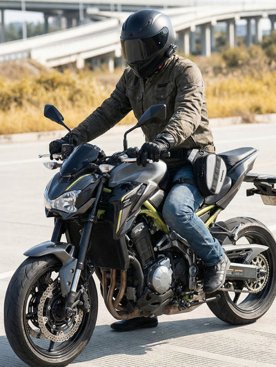 A rider wearing a black full-face helmet, olive green jacket, and blue jeans sits on a black and yellow Kawasaki ZX21R sport motorcycle on an outdoor paved road with a highway bridge in the background. wearing oumurs reflekta leg bag