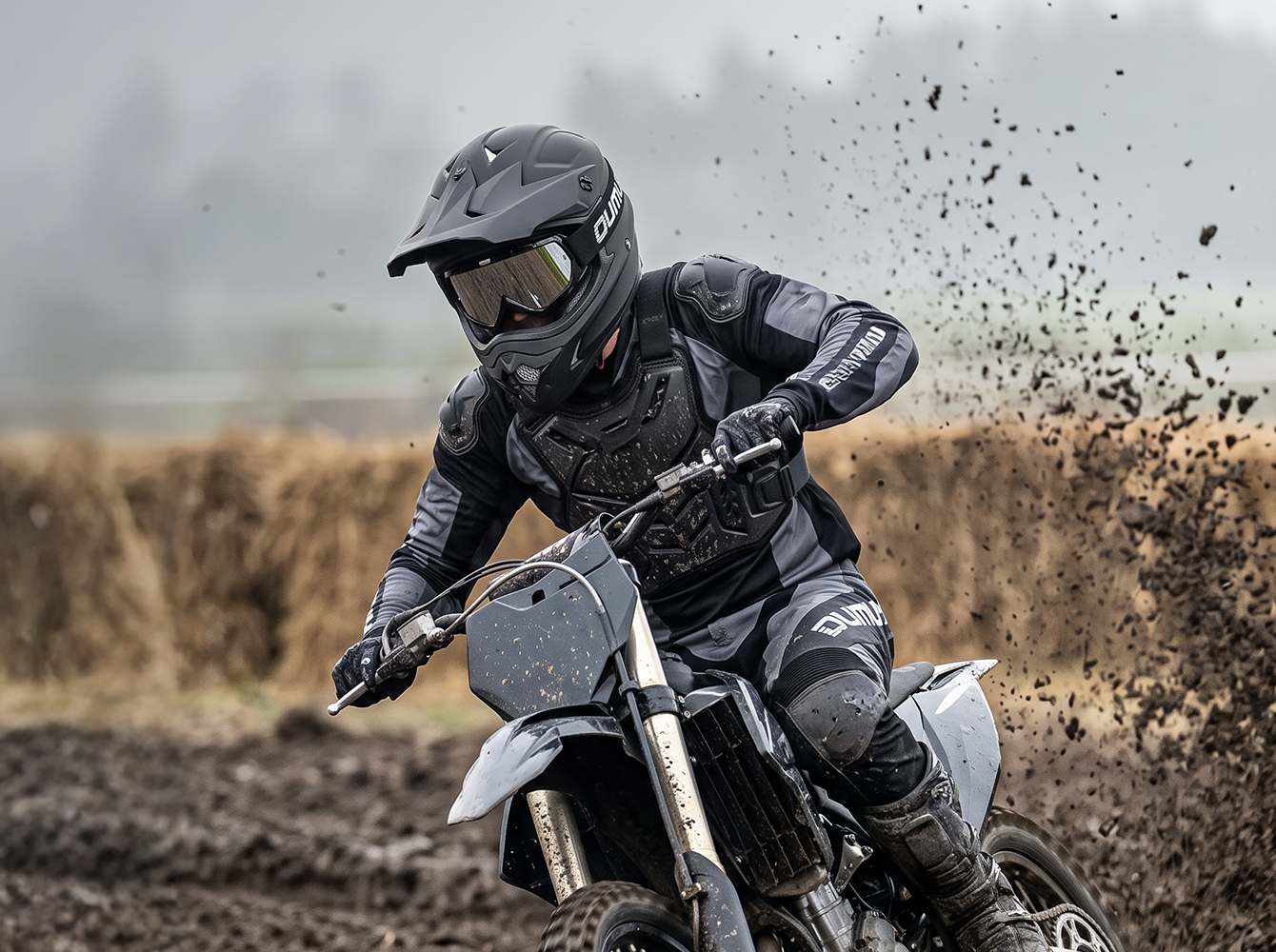 A rider in full black Oumurs off-road protective gear and a helmet rides a black dirt bike through mud on an outdoor track, with splashing dirt in the air.