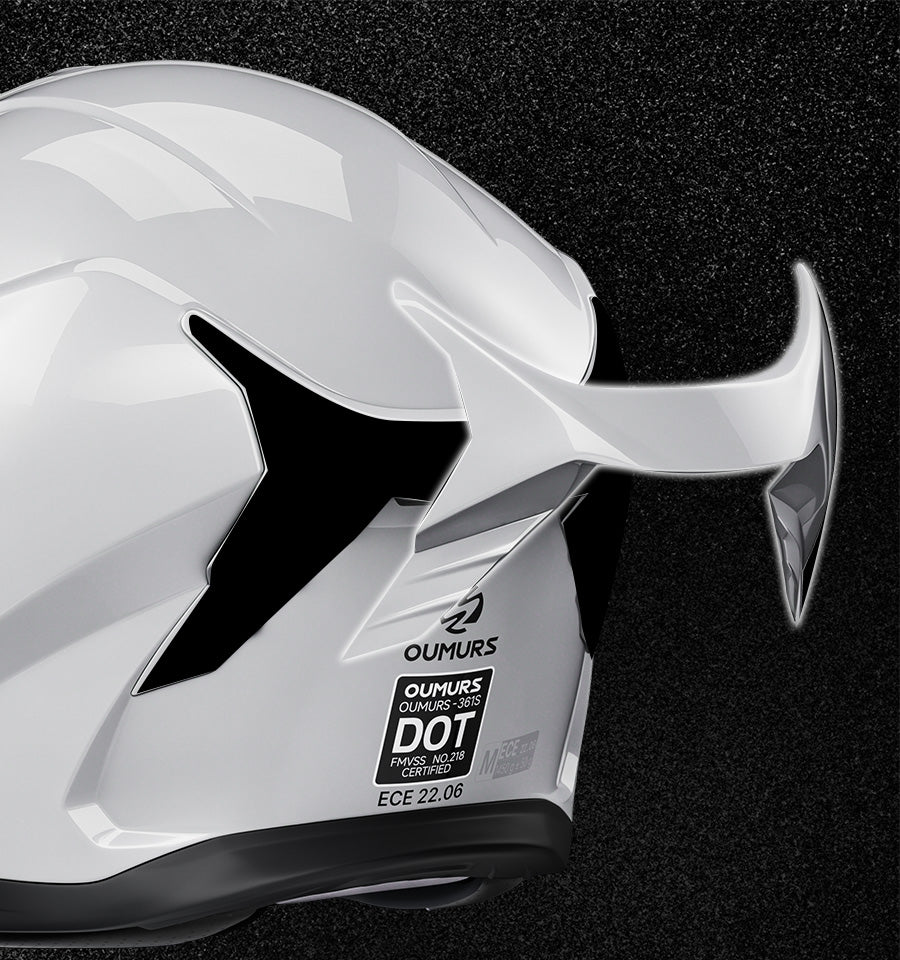Close-up of the Oumurs-361S helmet's aerodynamic rear spoiler design, keeping the helmet stable at higher speeds.