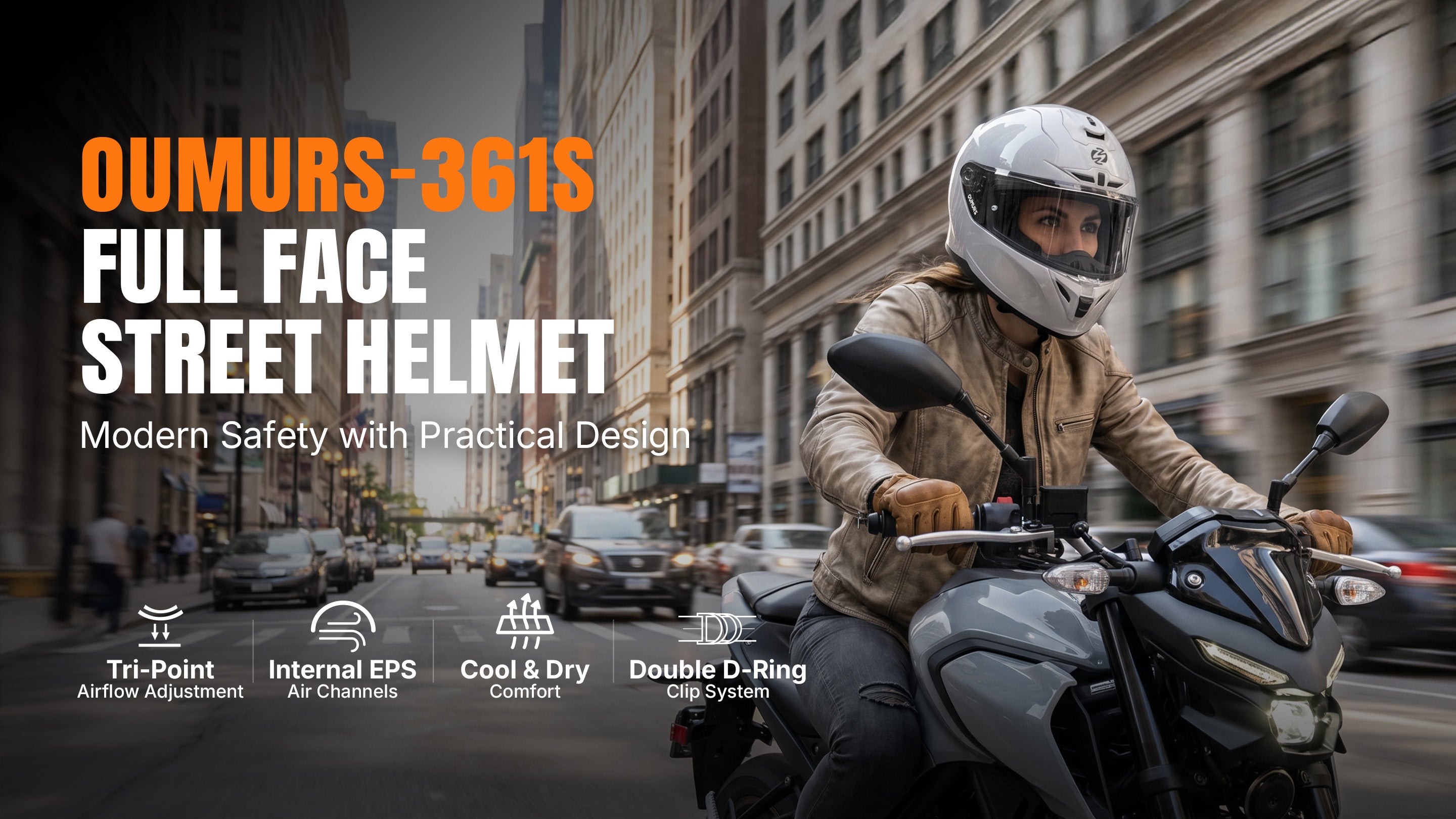 A rider wearing an Oumurs-361S full face helmet in concrete gray rides through a city street at dusk, with feature icons for tri-point airflow, internal EPS air channels, cool and dry comfort, and a double D-ring clip system.