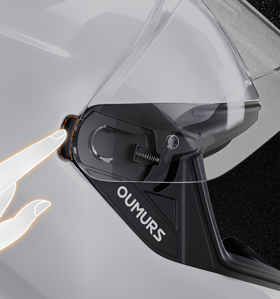 Close-up of the quick-release button of Oumurs-361S helmet for effortlessly swapping the visor.