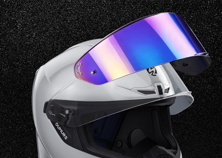 Close-up of Oumurs-361S helmet's swappable visor system, switching between the clear visor and an iridescent UV-protective visor
