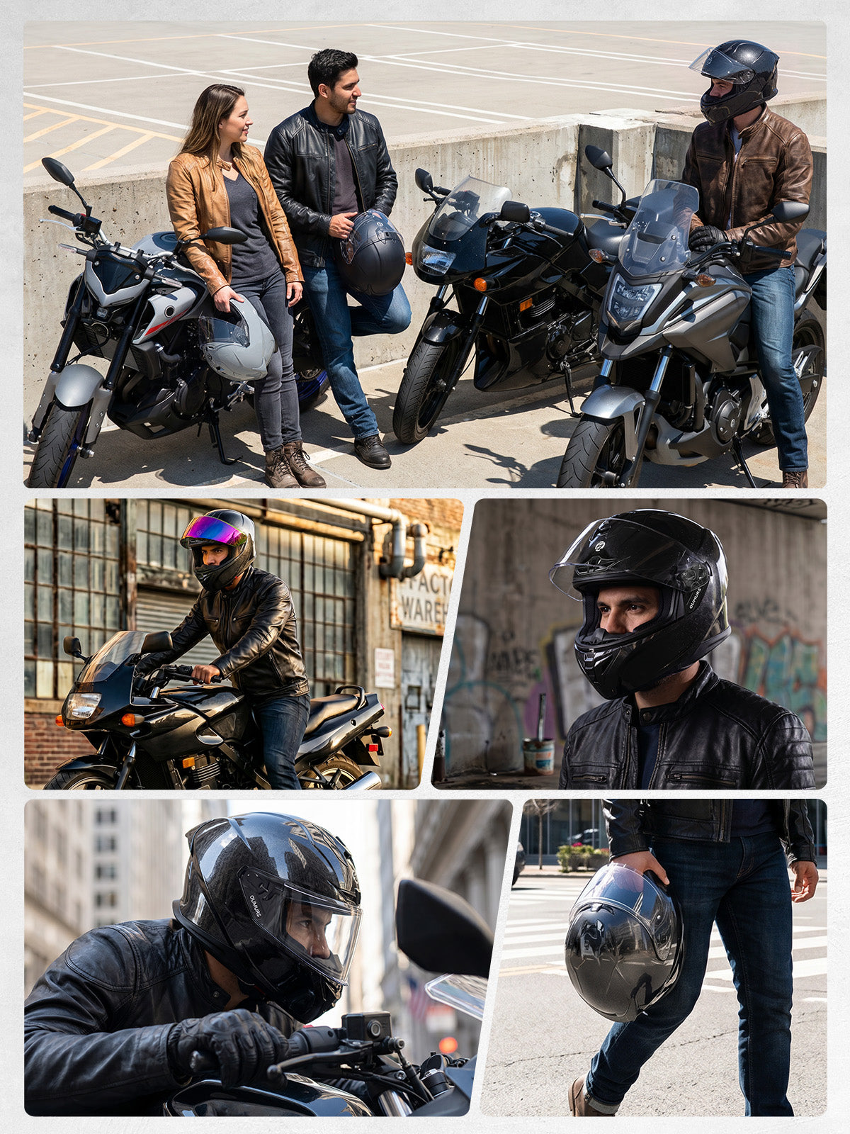 Collage of riders wearing Oumurs-361S helmets while commuting and riding through city streets.