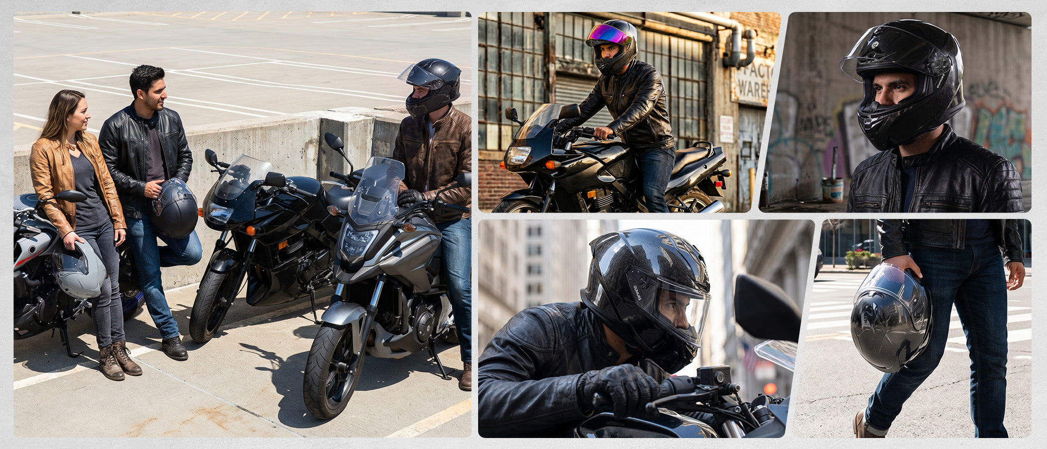 Collage of riders wearing Oumurs-361S helmets while commuting and riding through city streets