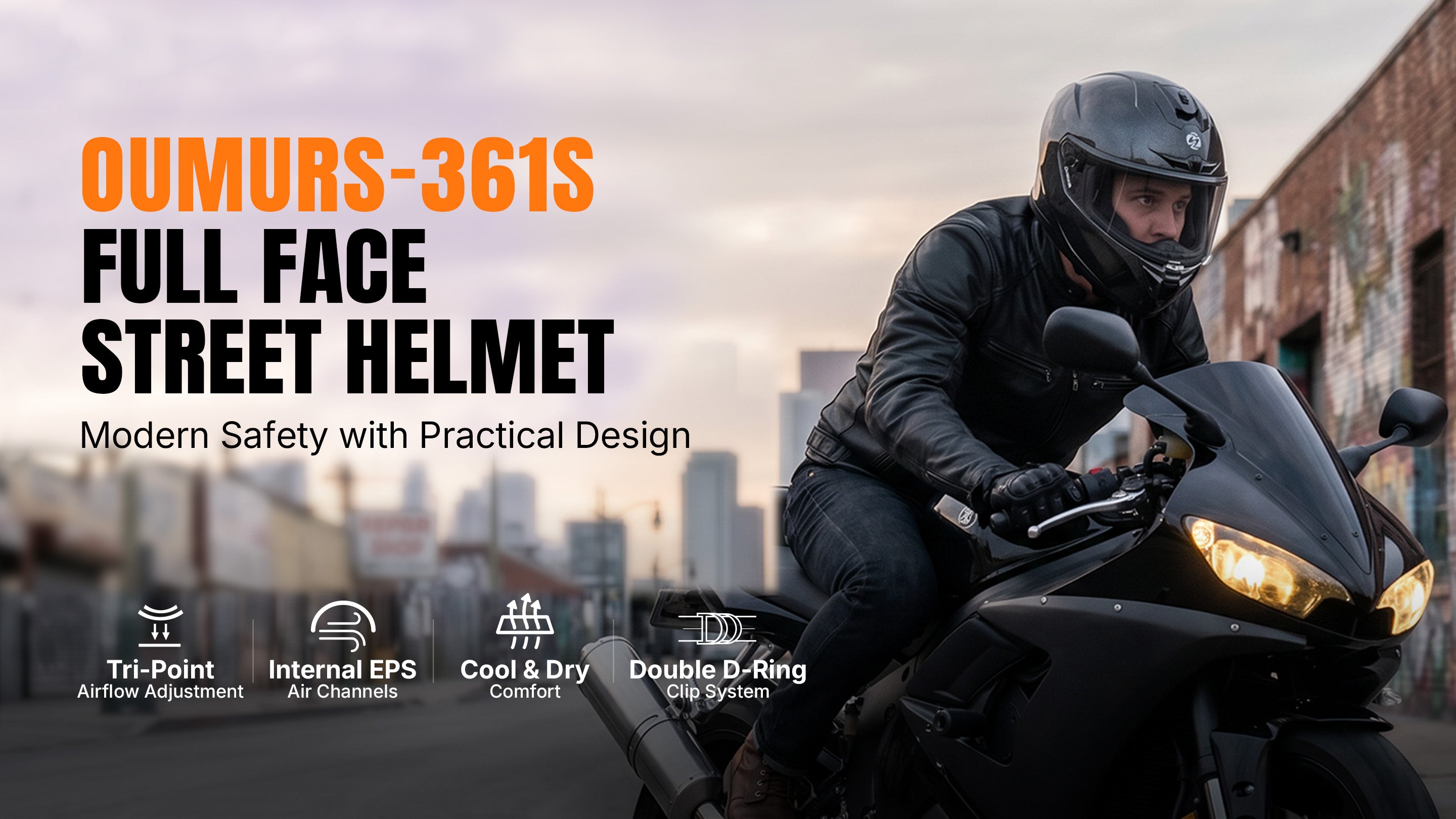 A rider wearing an Oumurs-361S full face helmet in cosmo black rides through a city street at dusk, with feature icons for tri-point airflow, internal EPS air channels, cool and dry comfort, and a double D-ring clip system.