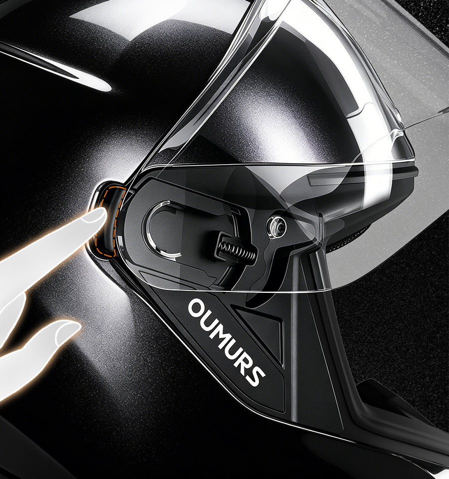 Close-up of the quick-release button of Oumurs-361S helmet for effortlessly swapping the visor.