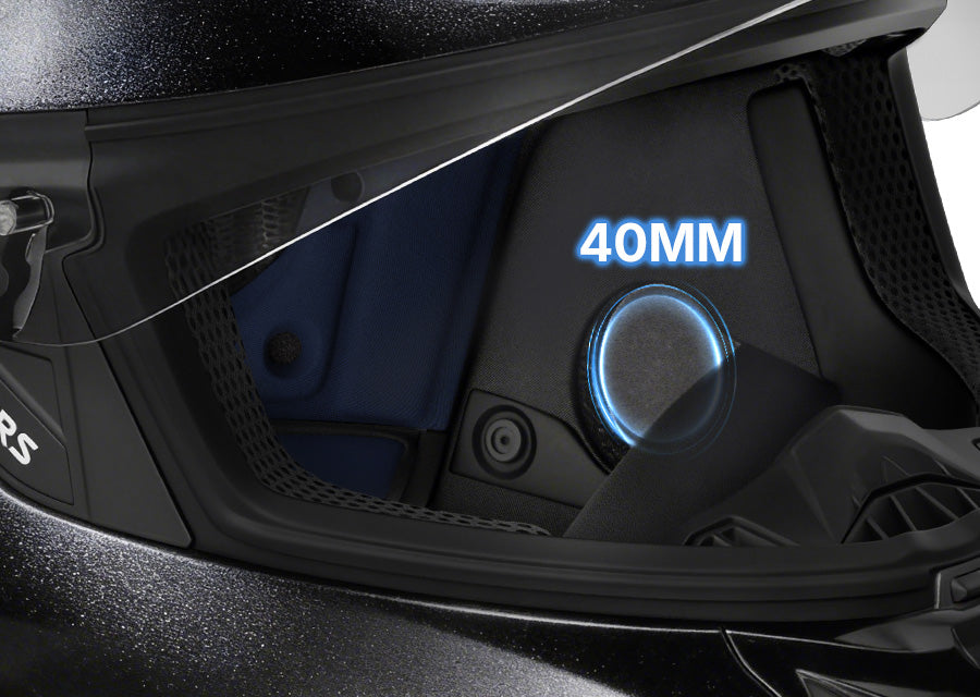 Close-up of Oumurs-361S helmet interior showing 40mm recessed ear grooves designed for comms device