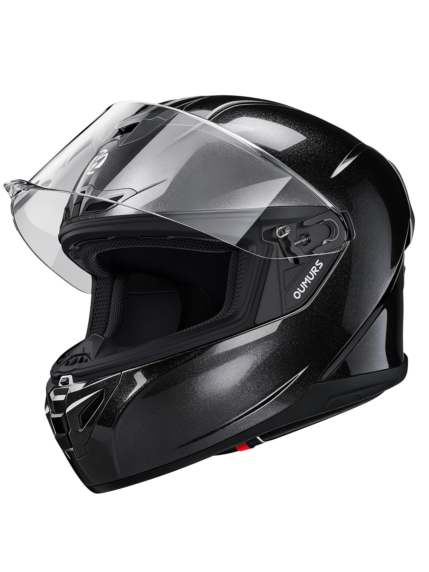 Oumurs-361S full face street helmet in cosmo black, front three-quarter view with the visor flipped open