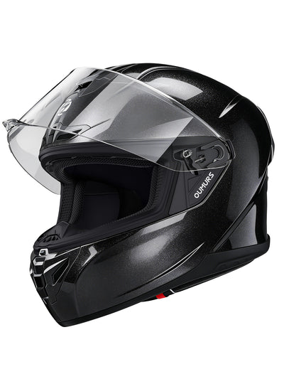 Oumurs-361S full face street helmet in cosmo black, front three-quarter view with the visor flipped open