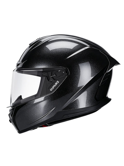 Oumurs-361S full face street helmet in cosmo black, left side view, the brand name is printed in white on the side of the visor.