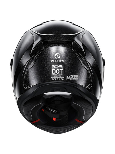 Oumurs-361S full face street helmet in cosmo black, rear view showing DOT FMVSS 218 and ECE 22.06 certification labels