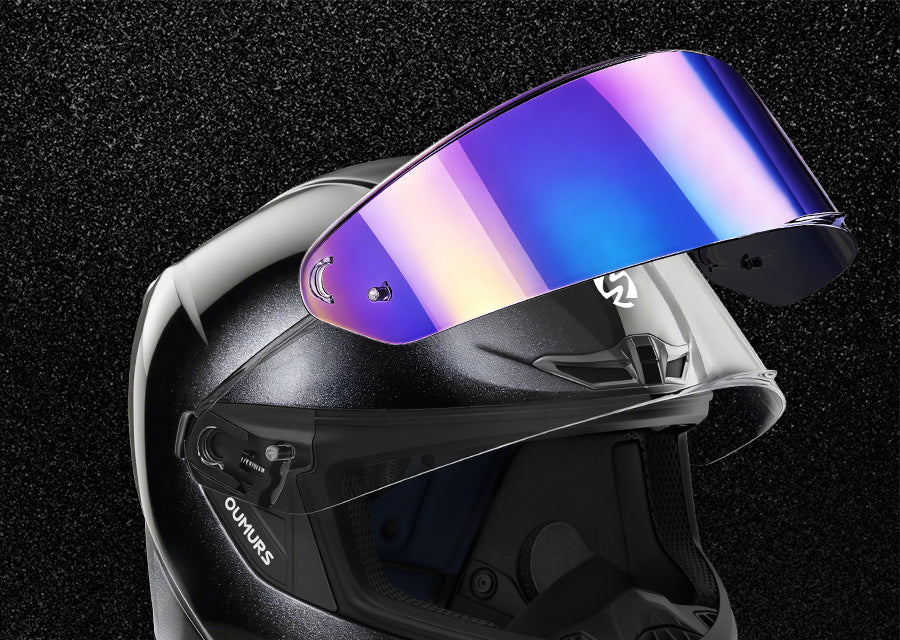 Close-up of Oumurs-361S helmet's swappable visor system, switching between the clear visor and an iridescent UV-protective visor