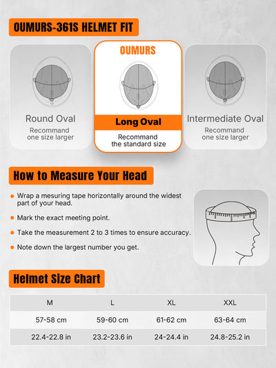 Oumurs helmet fit guide and size chart showing guidance for Round, Long, and Intermediate Oval head shape, with instructions on how to measure your head and a helmet size chart table for M, L, XL, and XXL.