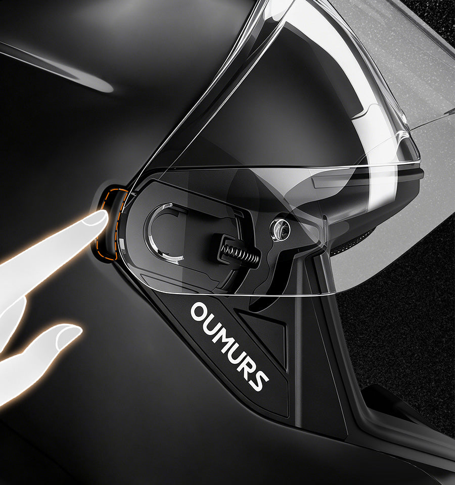 Close-up of the quick-release button of Oumurs-361S helmet for effortlessly swapping the visor.