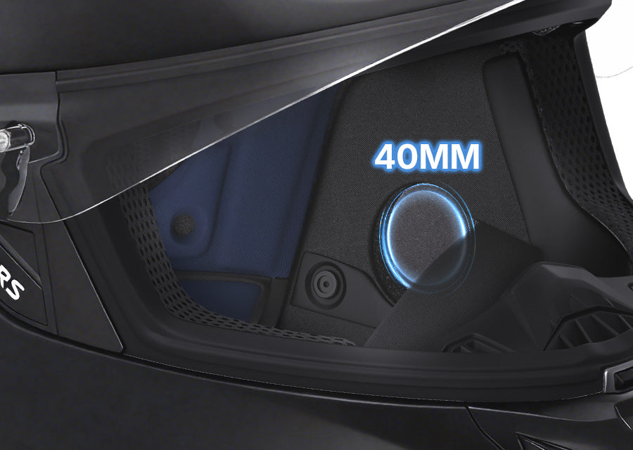 Close-up of Oumurs-361S helmet interior showing 40mm recessed ear grooves designed for comms device
