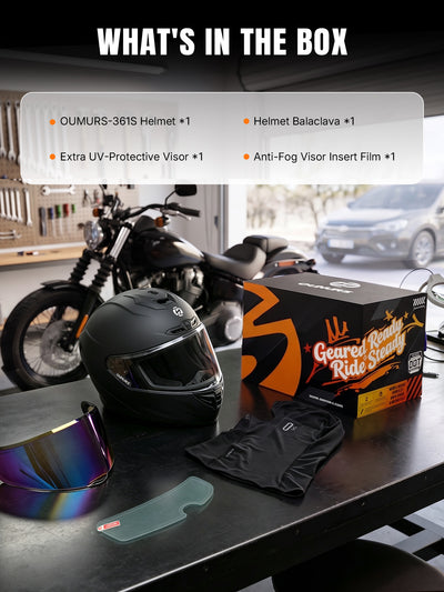 Oumurs helmet package displayed on a table in a garage, with an Oumurs-361S matte black full-face helmet, a UV-protective visor, an anti-fog visor film, and a balaclava. 