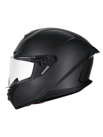 Oumurs-361S full face street helmet in matte black, left side view, the brand name is printed in white on the side of the visor.