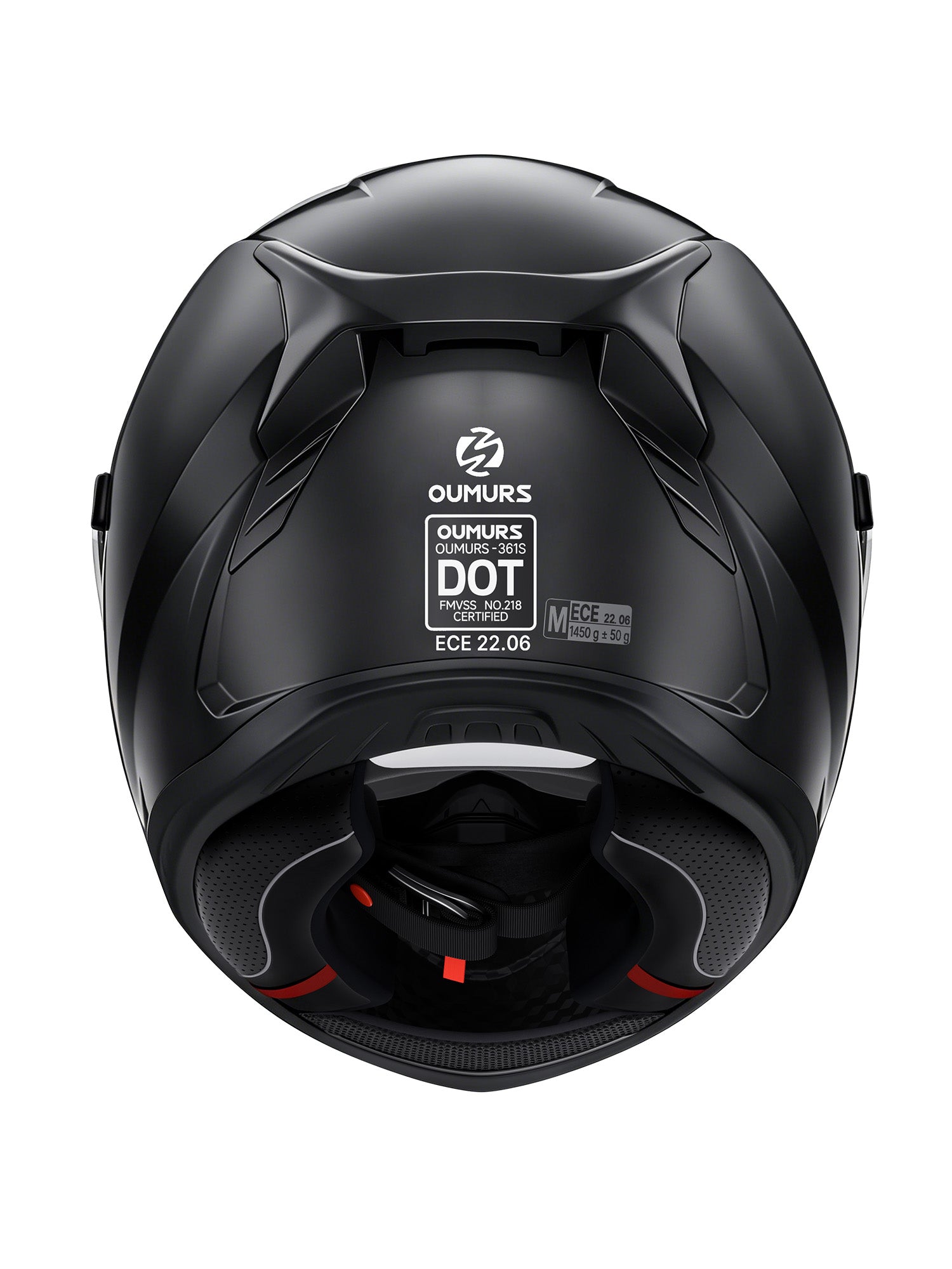 Oumurs-361S full face street helmet in matte black, rear view showing DOT FMVSS 218 and ECE 22.06 certification labels.