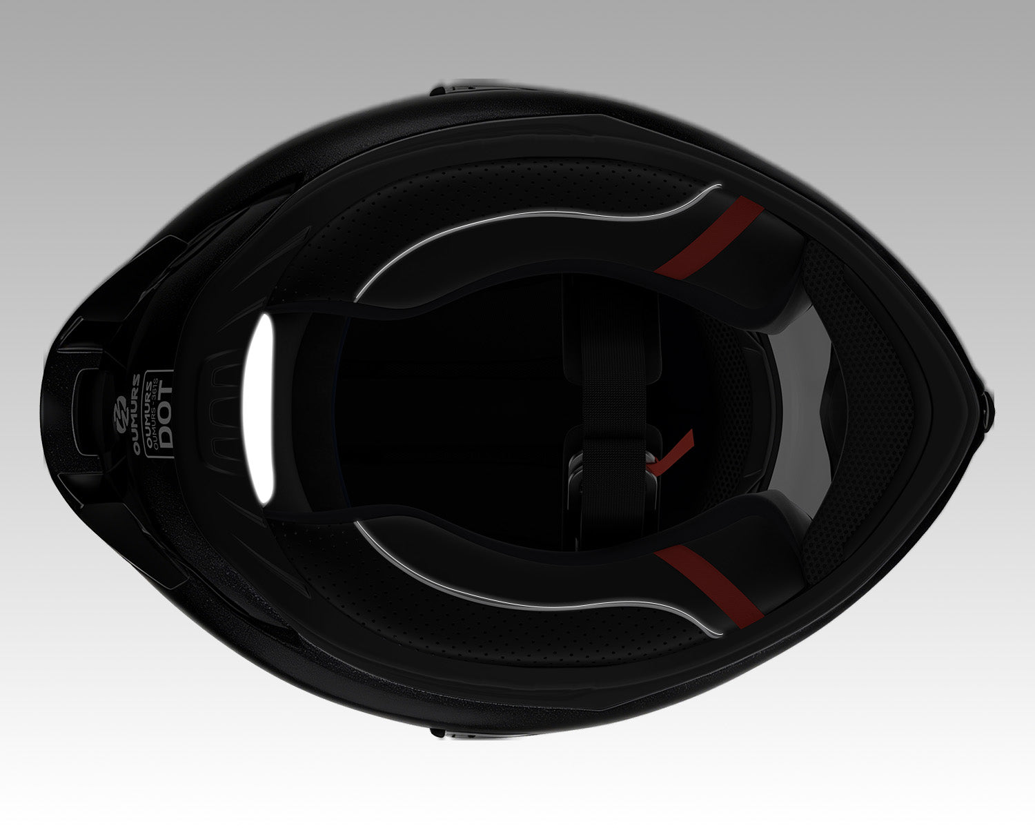Close-up of the Oumurs-361S helmet interior showing the reflective safety strip for visibility in low light