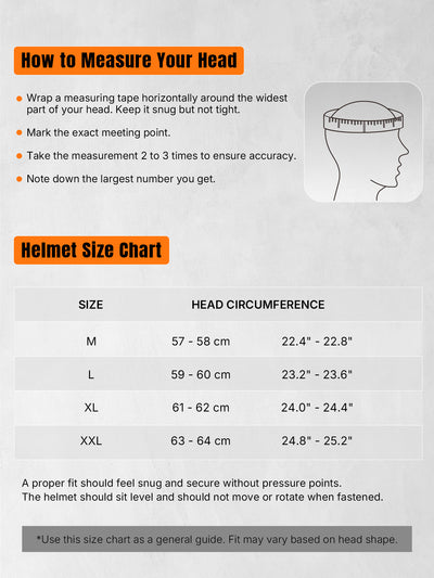Oumurs helmet fit guide and size chart showing instructions on how to measure your head and a helmet size chart table for M, L, XL, and XXL.