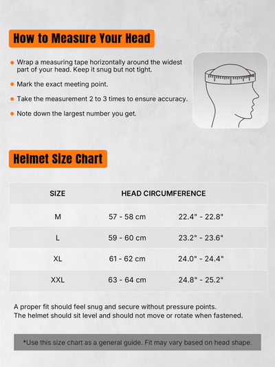 Oumurs helmet fit guide and size chart showing instructions on how to measure your head and a helmet size chart table for M, L, XL, and XXL.