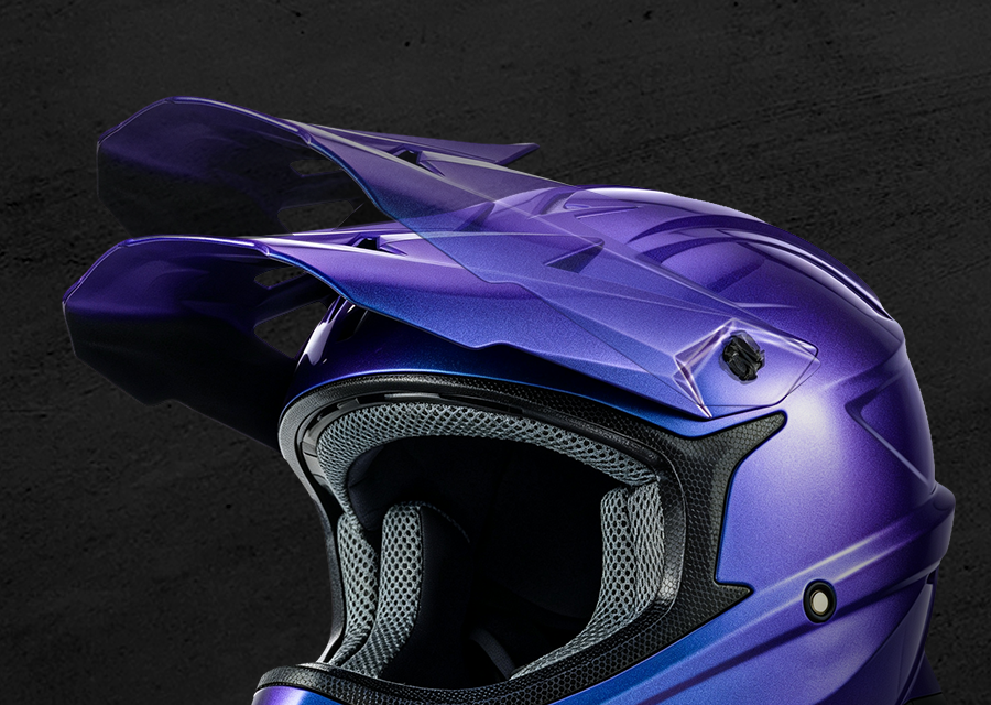 Close-up of the Oumurs 805 Chameleon Purple helmet's adjustable peak lifted at an different angle.