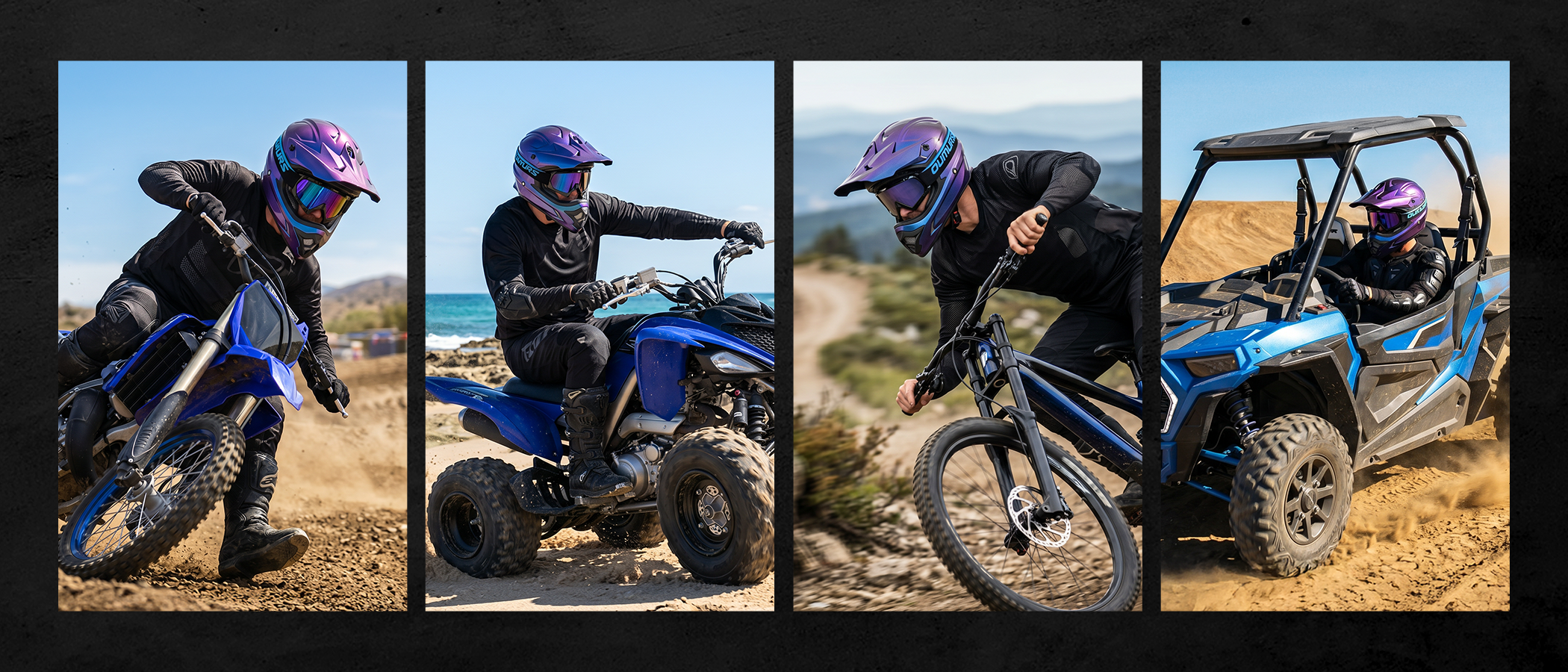 A four-panel collage of a rider wearing the Oumurs 805 Chameleon Purple off-road helmet on a dirt bike, ATV, mountain bike, and UTV.