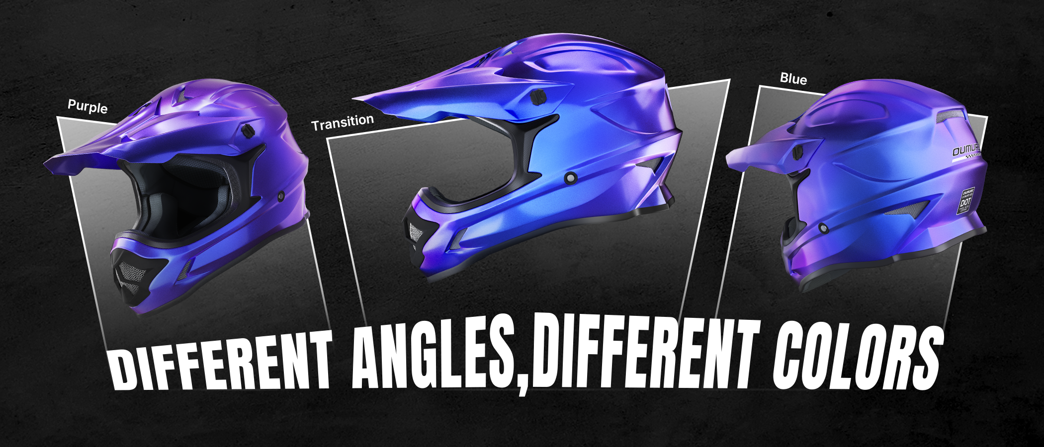 Oumurs 805 Chameleon Purple off-road helmet in purple, purple-to-blue transition, and blue tones from three angles