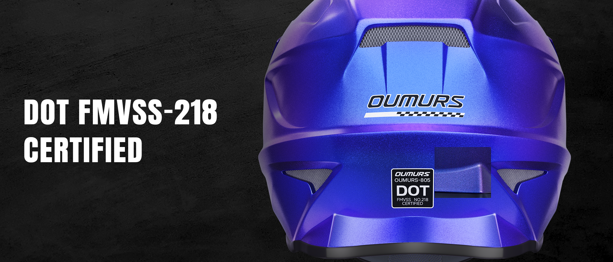 Oumurs 805 Chameleon Purple off-road helmet shown from the rear, featuring the brand name and DOT FMVSS 218 certification label.