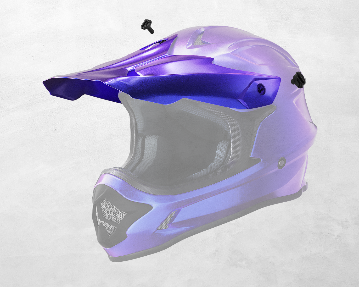 The Oumurs 805 Chameleon Purple off-road helmet's peak shown detached with mounting screws.