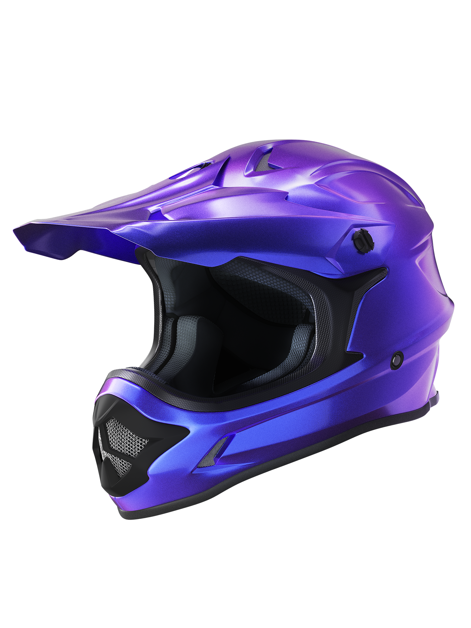Oumurs 805 Chameleon Purple motocross helmet in purple-to-blue color-shift finish, left front three-quarter view