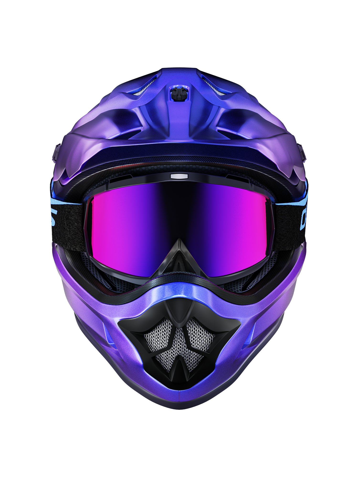 Oumurs 805 Chameleon Purple off-road motocross helmet in purple-to-blue color-shift finish, front view with goggles