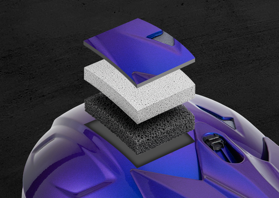Exploded view of the Oumurs 805 Chameleon Purple off-road helmet's layers: ABS hard shell, EPS buffer layer, and comfort cushioning lining.