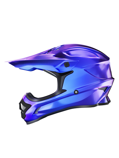 Oumurs 805 Chameleon Purple motocross helmet in color-shifting finish, left side view showing the purple-to-blue transition